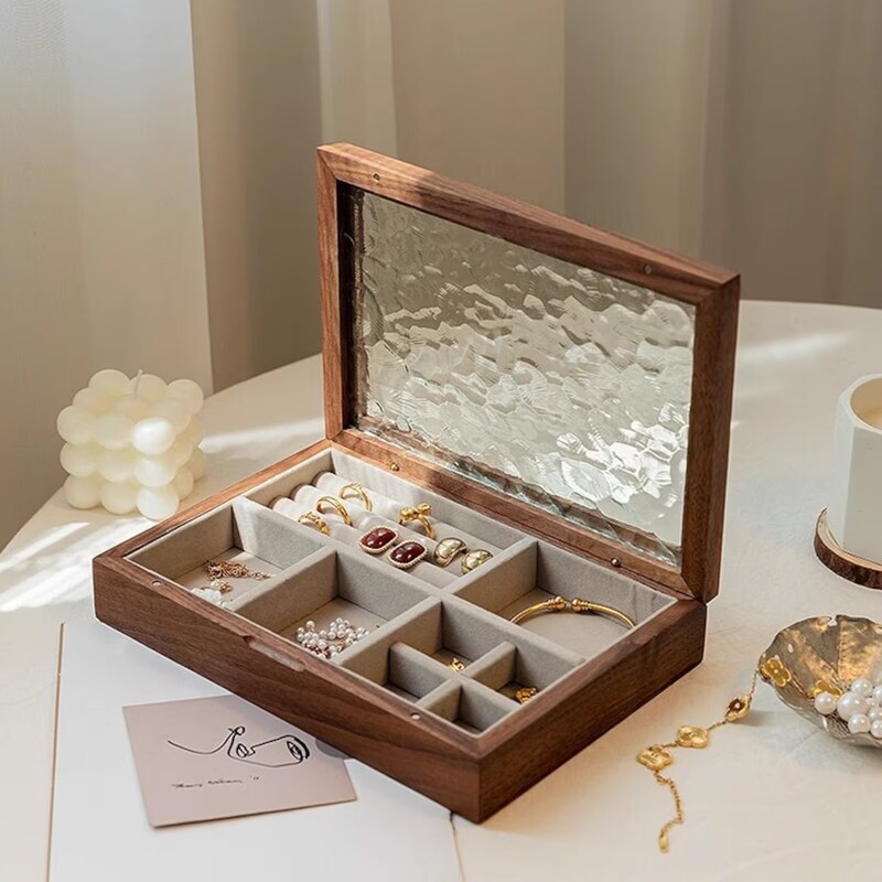 Walnut Vintage Glass Jewelry Box, Large Wooden Jewelry Box, High-end Exquisite Jewelry Wooden Storage Box, Cherry Wood Box, Gift for Women